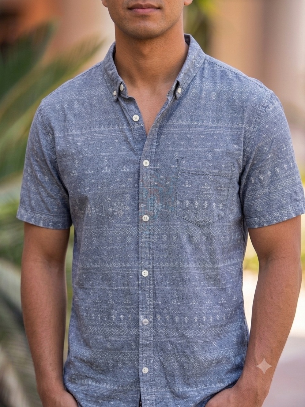 Retrofit Men's Short Sleeve Button-Down Shirt in Heather Slate Blue Size XL
